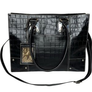 Wilsons Leather Black Croc-Embossed Tote Bag with Snake Print Accents